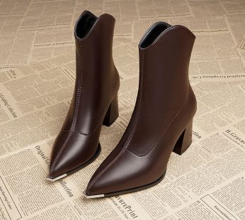Leather 2024 Viral Pointed-Toe Chunky Heel Ankle Boots for Women – Elegant High-Heel (Fall/Winter)