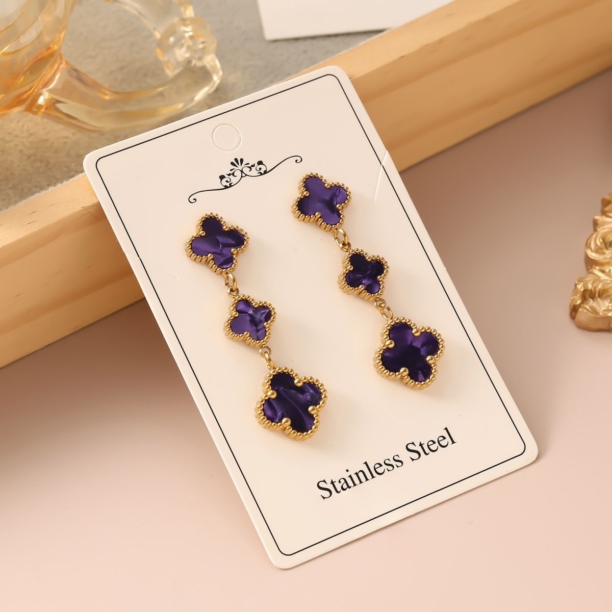 New Hot-Selling High-Grade Four-Leaf Clover Tassel Earrings – Women's Premium-Style Stainless Steel Electroplated Double-Sided Stud Earrings (Wholesale) - Image 3